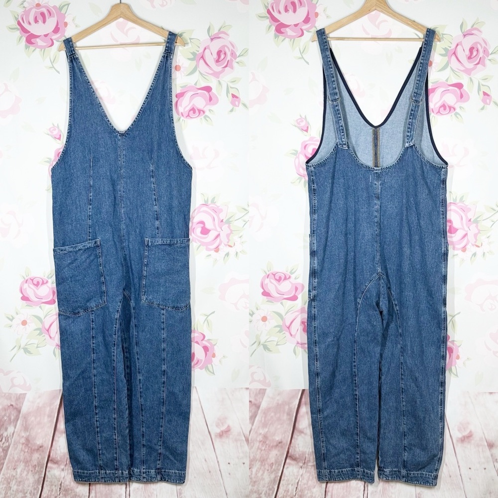 Free People We The Free High Roller Sapphire Blue Denim Jumpsuit L